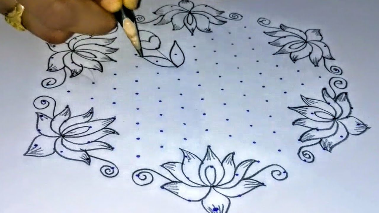 Beautiful lotus flowers Rangoli... 15×8 dots design... By.. Bhanu creativity....