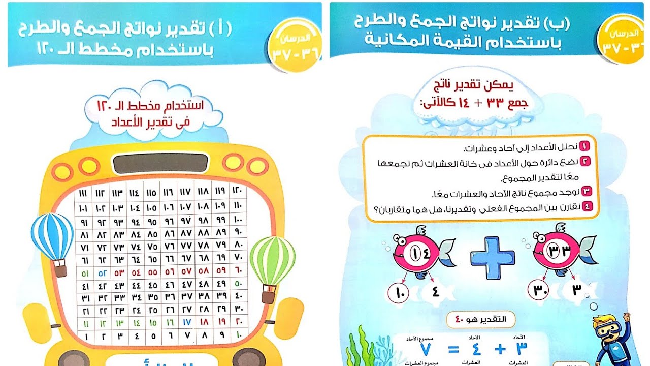 شرح درس(تقدير نواتج الجمع والطرح باستخدام القيمة المكانيةومخطط ال١٢٠)وحل تدريبات شاملة على التقدير.