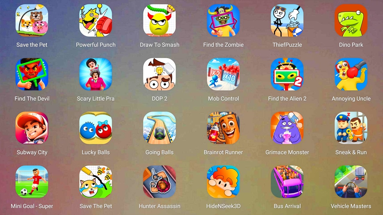 Evil Grandpa,Poppy Playtime 5,Save the Fish,SprankySurvival,Lucky Balls,Subway Surfers,Race Master.