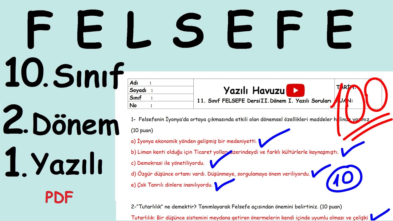 FELSEFE 10. Sınıf 2. Dönem 1. Yazılı Soruları  (Yazılının PDF si açıklamada) 2022/2023