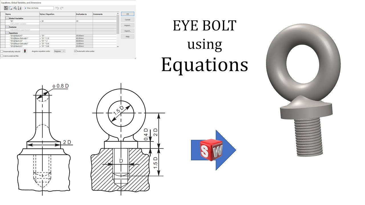 Eye Bolt Modelling using Equations/Relations in SOLIDWORKS | SOLIDWORKS Tutorial for beginners