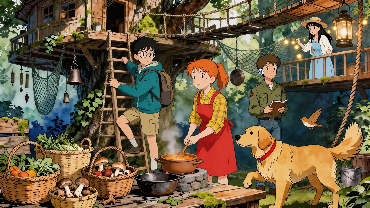 Foraging, Cooking & Camping in the Woods 🌲 Ghibli-Style Animated ASMR | Forest Kids Adventure