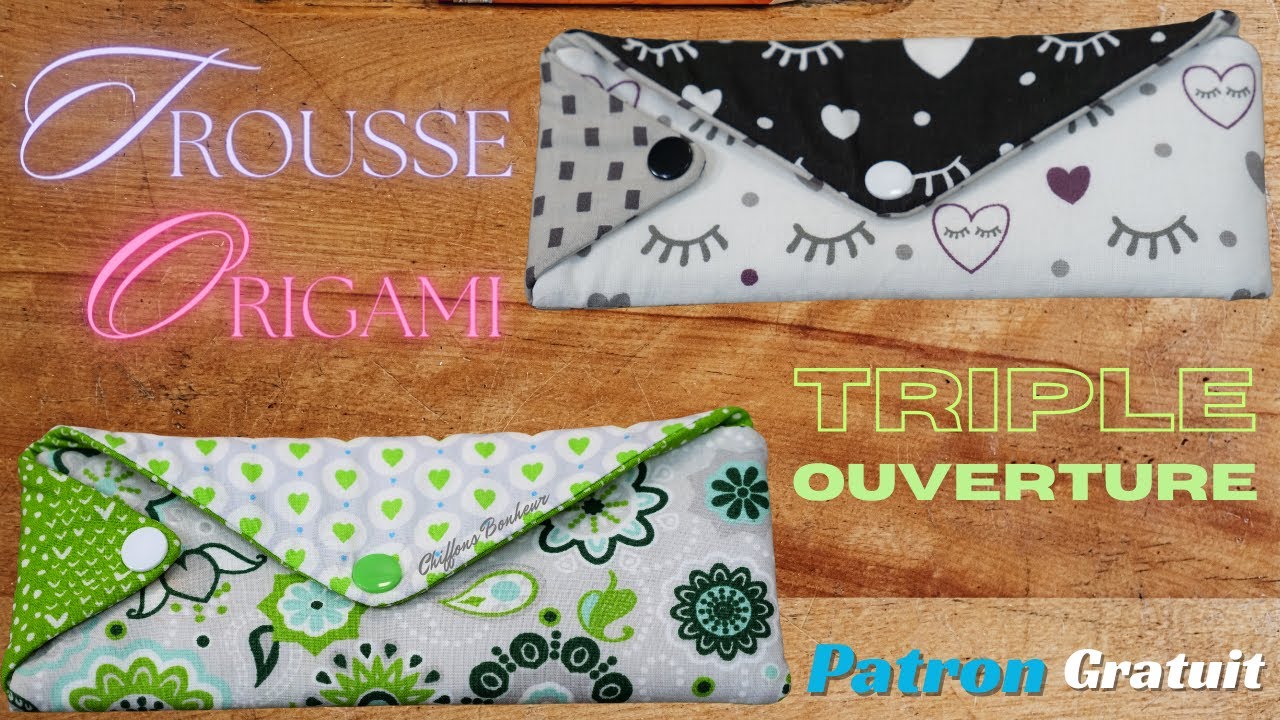 Couture facile Trousse Origami triple ouvertures, cours couture spécial débutants patron gratuit