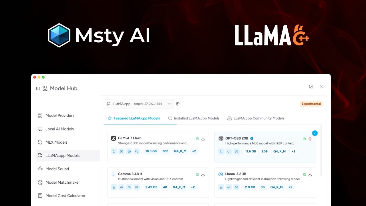 Запуск локальных моделей с помощью LLaMA.cpp в Msty Studio.