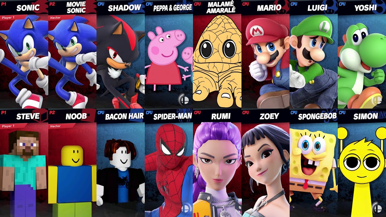 Sonic vs Peppa vs Spider-Man vs Mario vs SpongeBob vs Roblox vs Minecraft vs Brainrot | Super Smash
