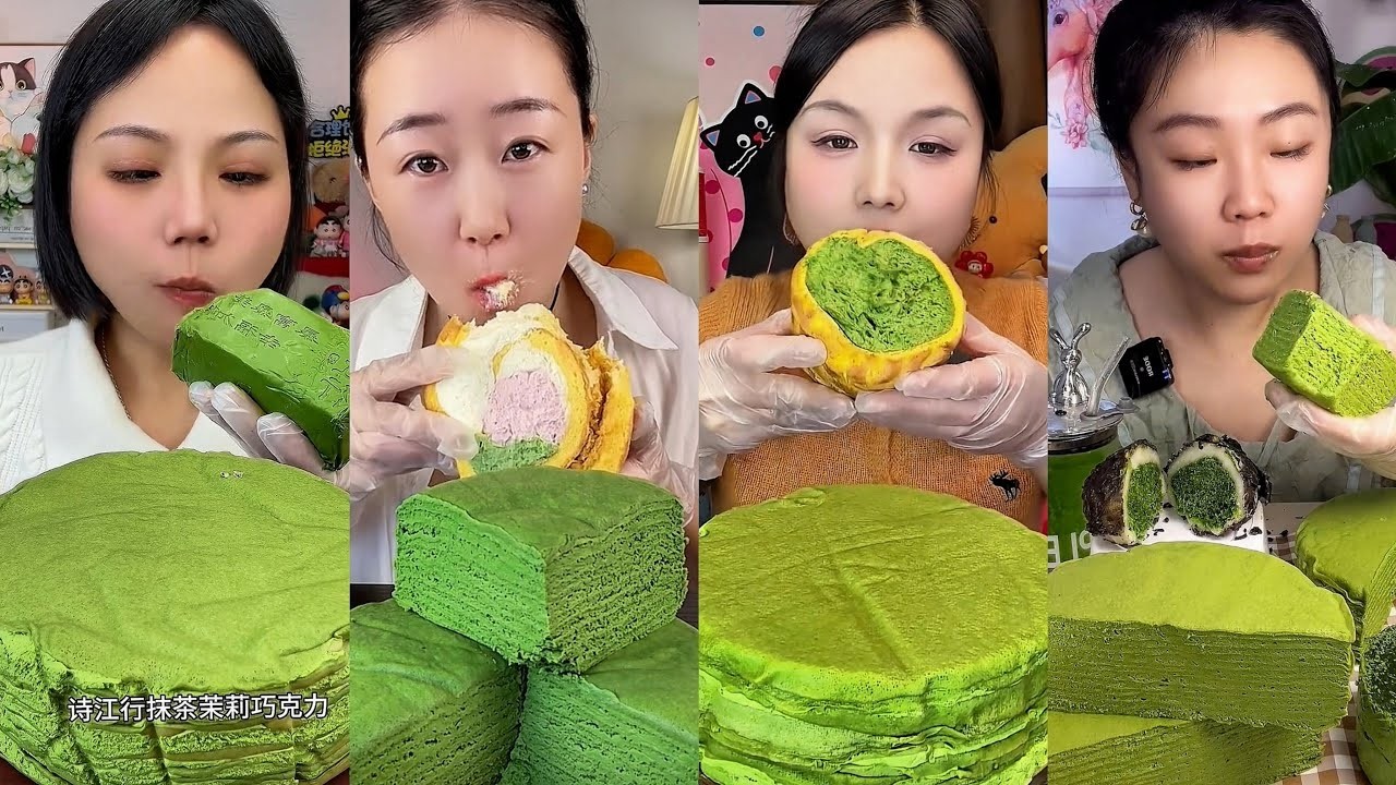 Mukbang Intense Matcha ASMR Thousand Layer Crepe Cake And Solid Green Tea Chocolate Brick Feast 🍵