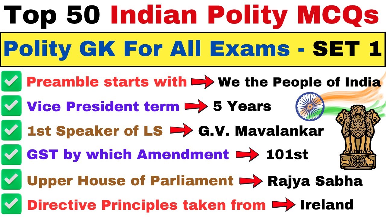 Top 50 Indian Polity MCQs | Polity GK Questions and Answers | SET - 1