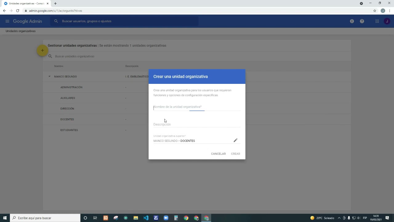 1.- Unidades Organizativas- Configuración de WORKSPACE FOR EDUCATION GOOGLE.