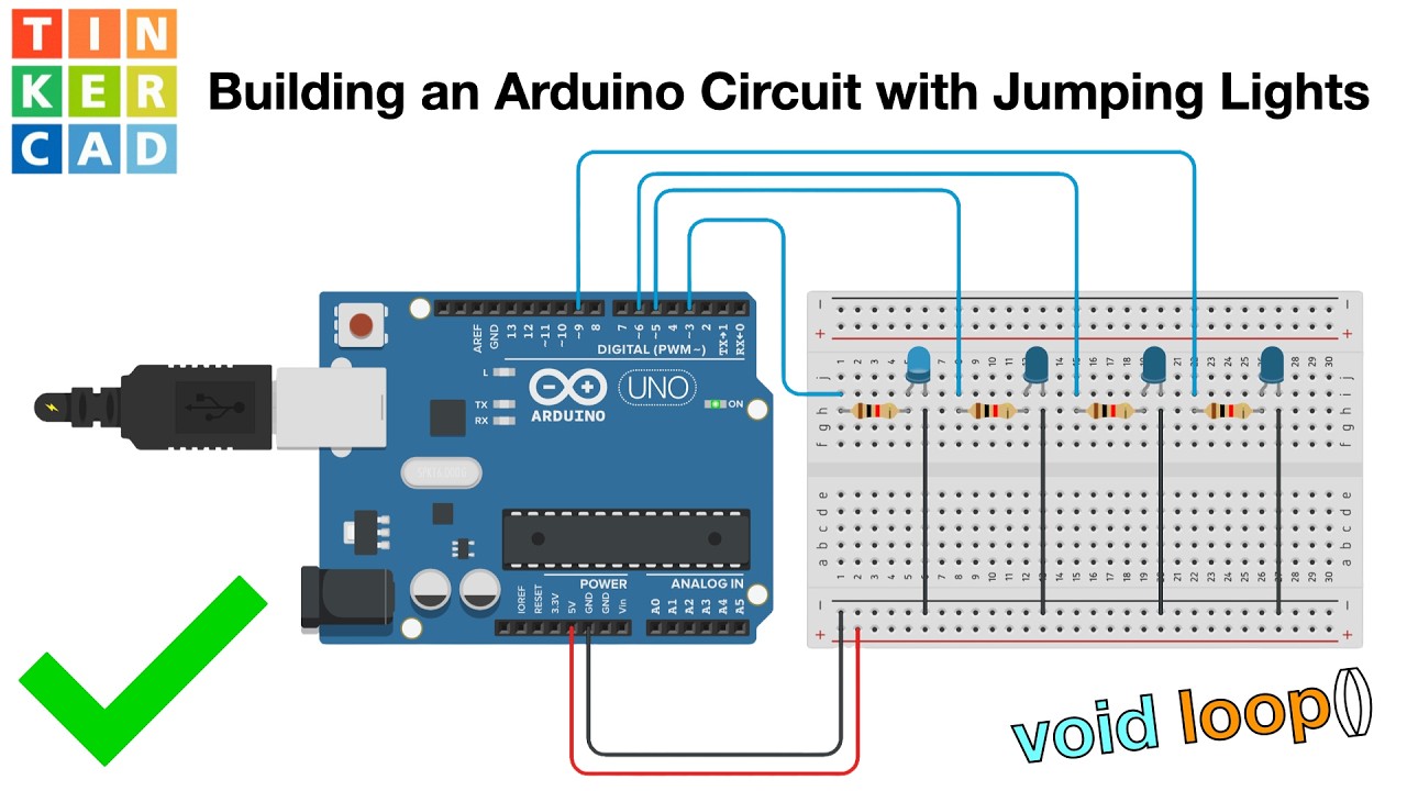 Circuit-Builder-5829 | Building an Arduino Circuit with Jumping Lights on TinkerCAD