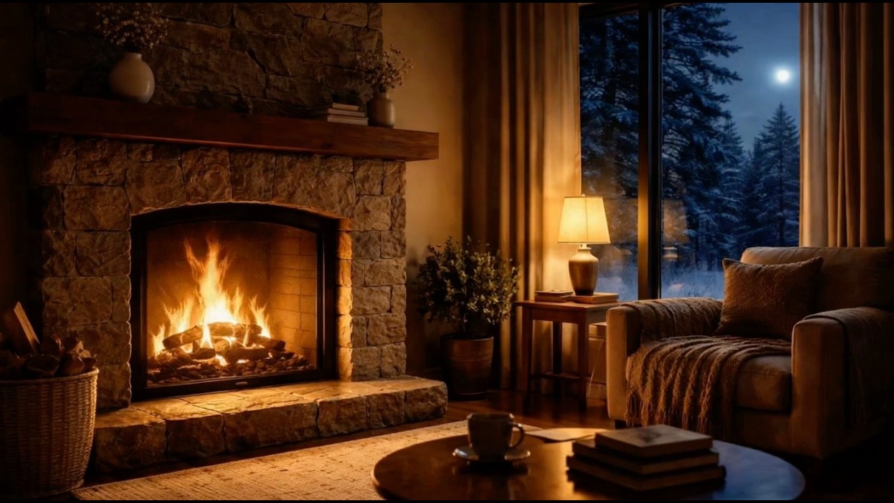 Cozy Fireplace by the Window at Night | Calm Winter Ambience in 4K