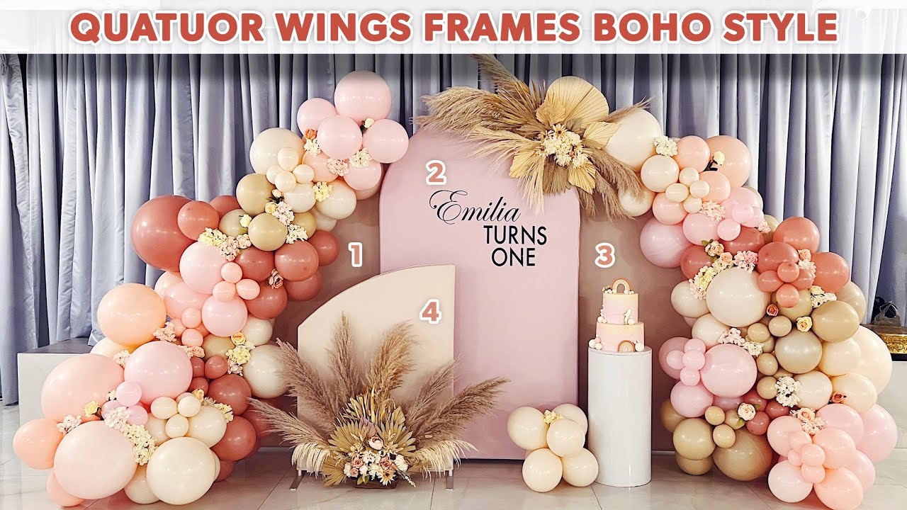 Boho Style First Birthday Party | Four frames, two balloon garlands and two flower arrangement!