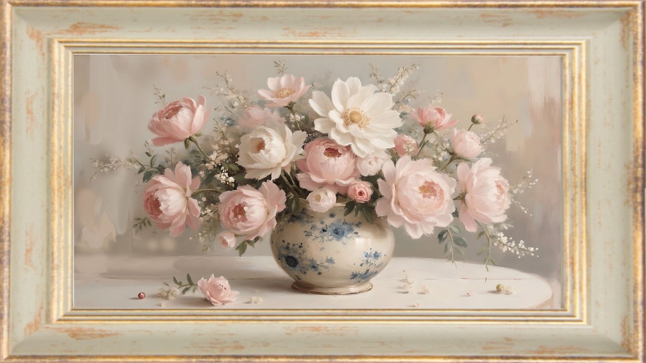 Peonies in Chinoiserie Bowl | Picture Frame TV Art | 1 Scene, 2 Hours