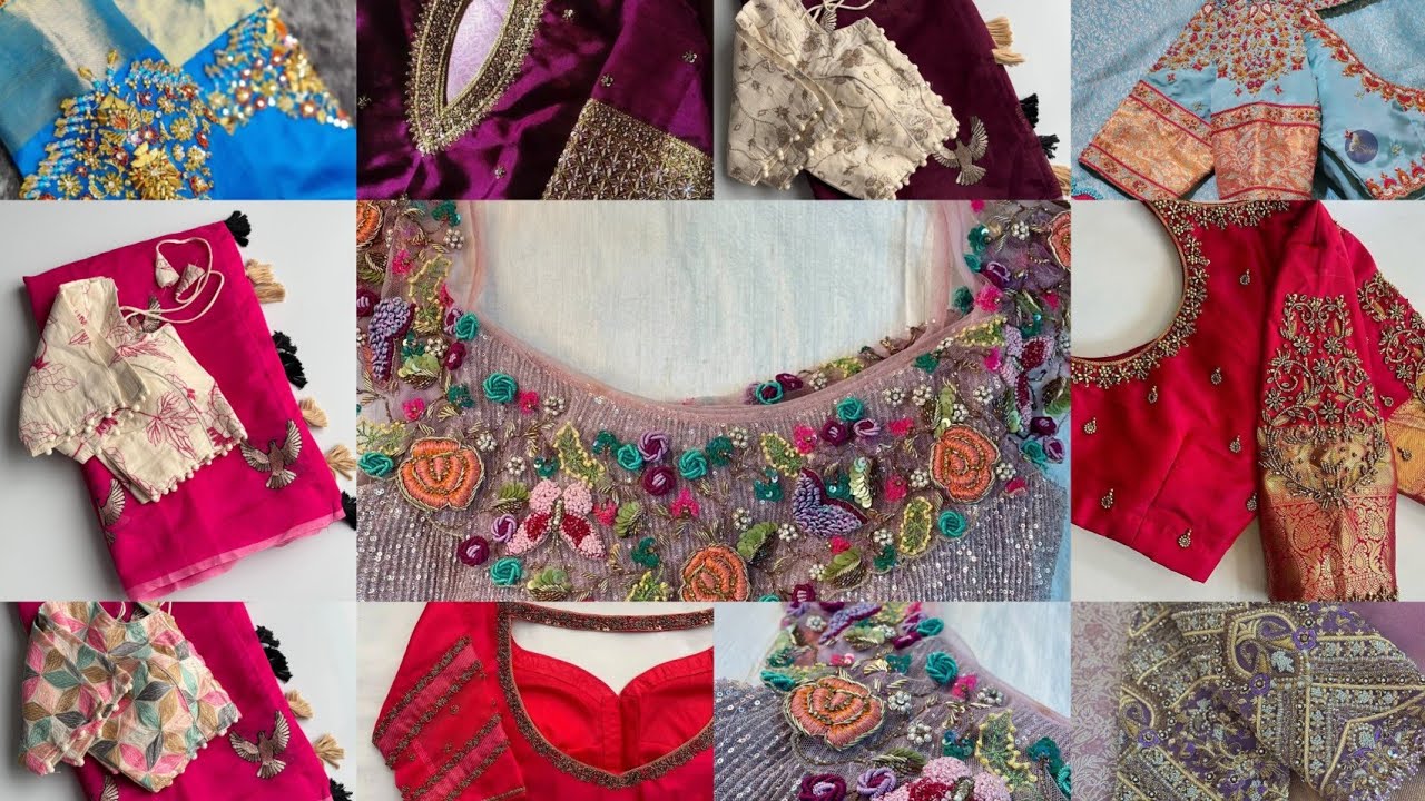 Simple to heavy maggam work designs ll purple 💜 pink cotton saree blouses ll 