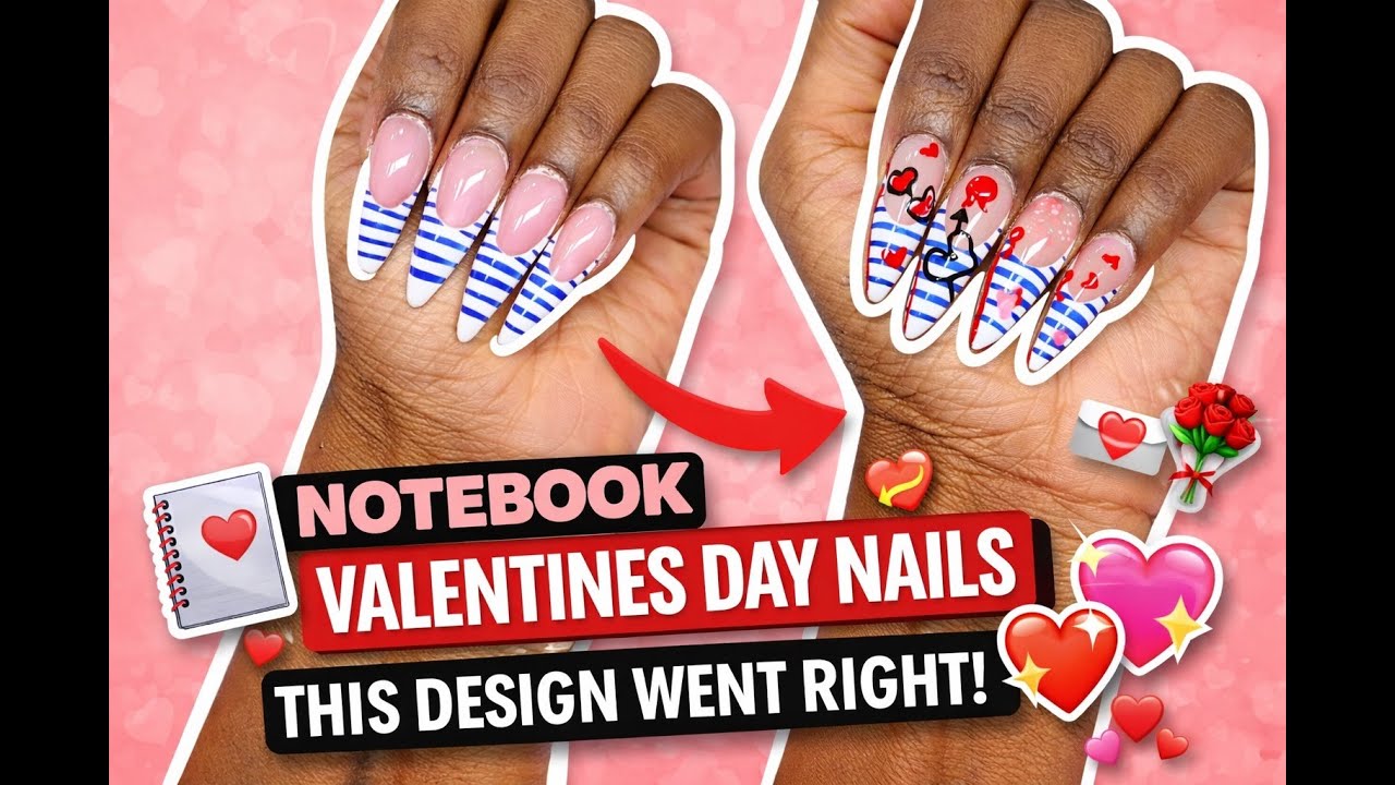 RECREATING A NOTEBOOK VALENTINES DAY NAIL DESIGN | BEGINNER NAIL SERIES | tutorial 💅🏿