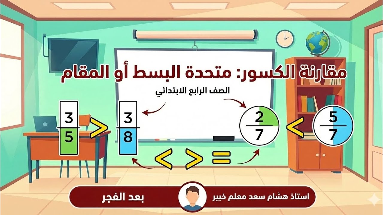 شرح مقارنة الكسور متحدة البسط أو متحدة المقام الدرس الثامن رابعة ابتدائي رياضيات الترم التاني 