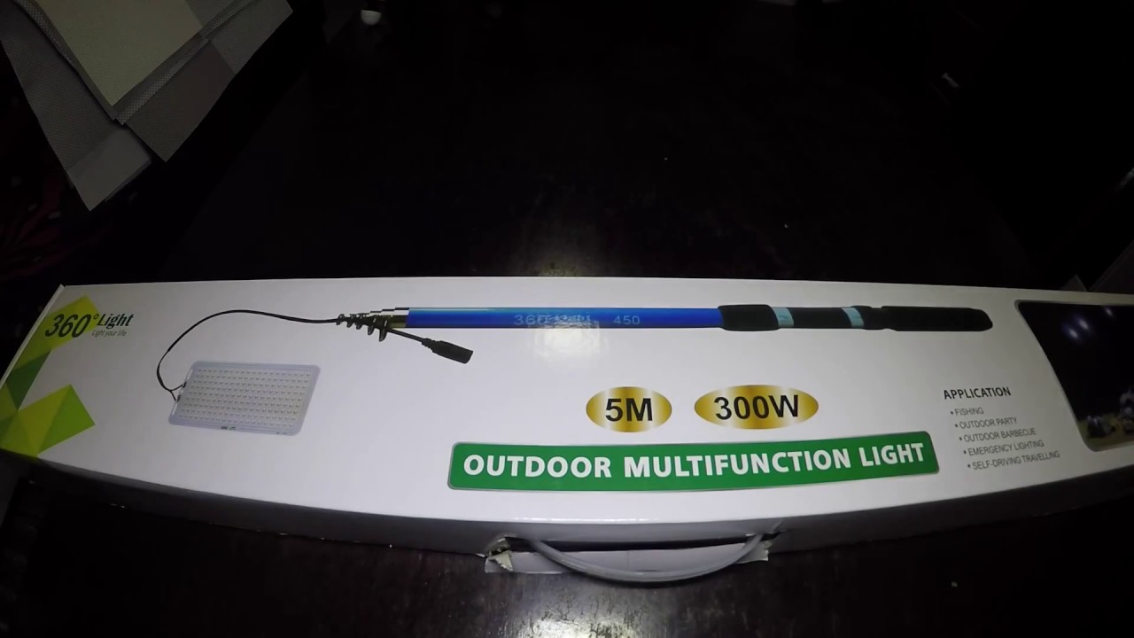 unboxing 360 light outdoor multi function LED light with fish rod