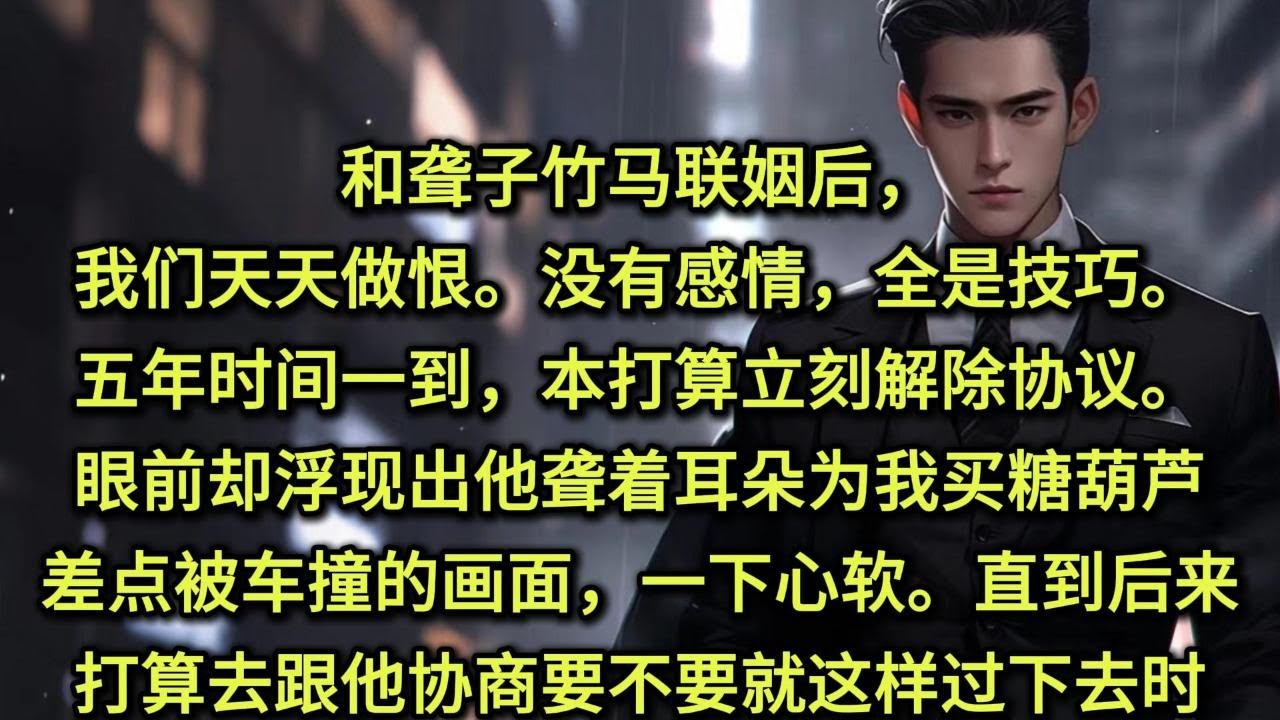 和聋子竹马联姻后，我们天天做恨。没有感情，全是技巧。五年时间一到，本打算立刻解除协议。眼前却浮现出他聋着耳朵为我买糖葫芦差点被车撞的画面，一下心软。直到后来打算去跟他协商要不要就这样过下去时，