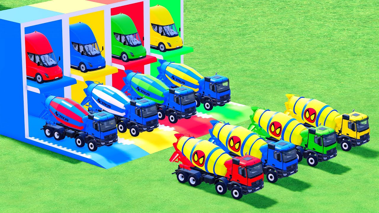 Garage with Colors - ALL MIXER TRUCK WITH DOUBLE FLATBED TRAILER TRUCK, TATRA, MERCEDES, FORD, SCANI