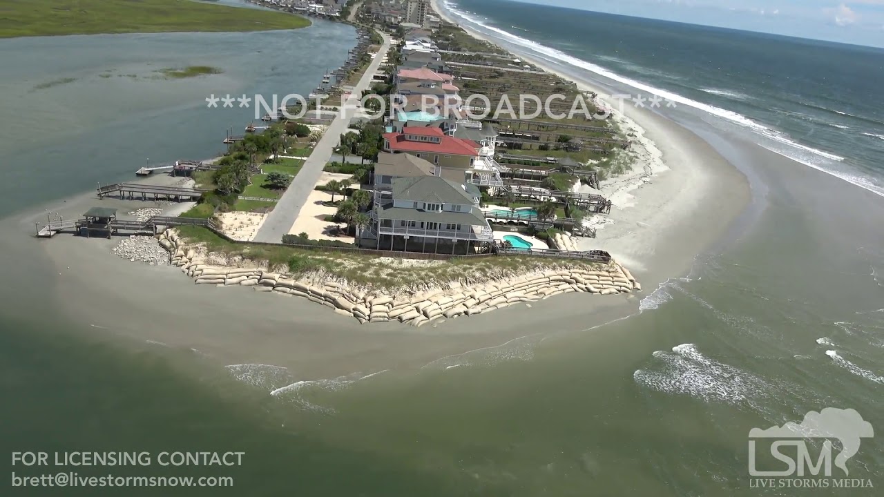 9 12 18 Carolina Beach, NC Helicopter Footage of Huge Sandbags Nuclear Power Plant Homes Boarded 4K