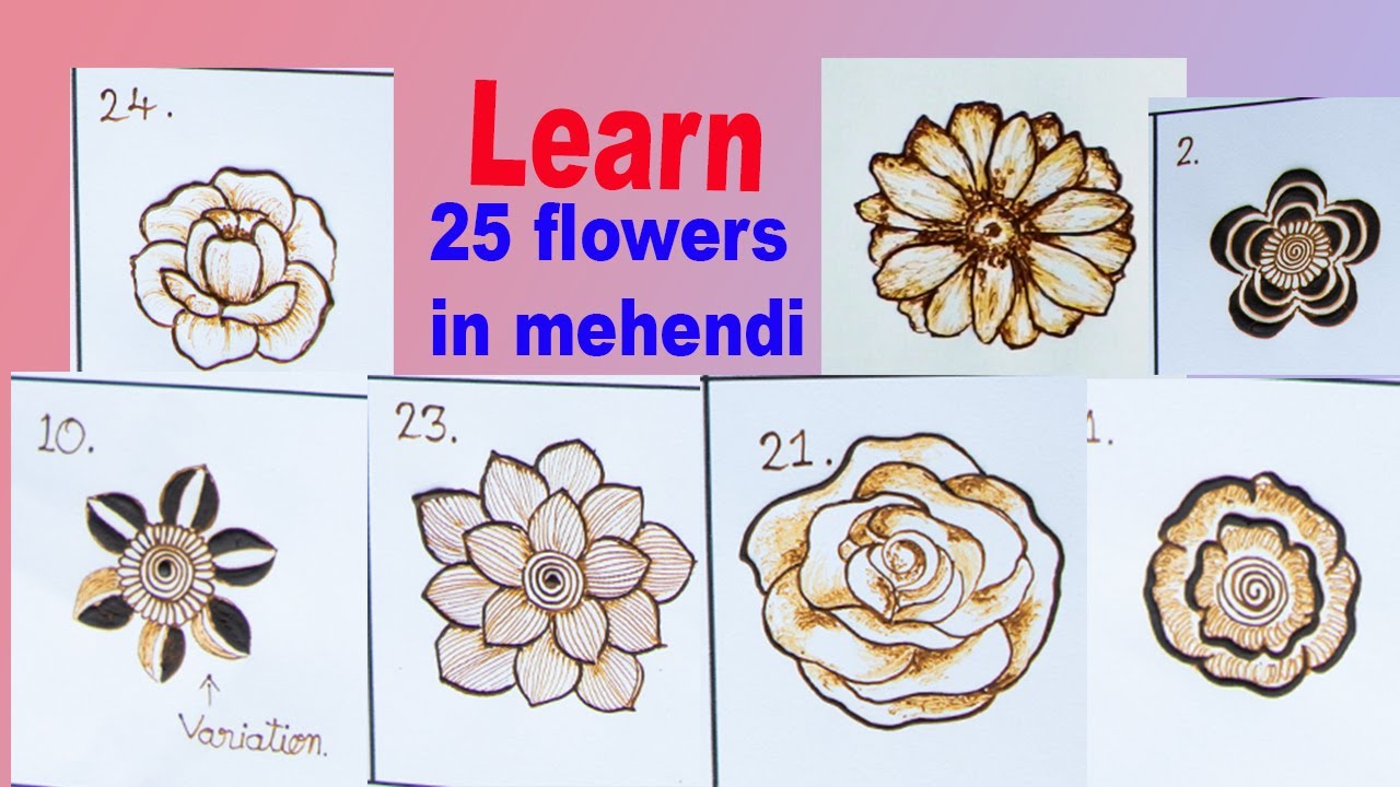 25 Flowers in mehendi | Easy gulf flowers to realistic | Gulf rose, realistic roses and sunflower
