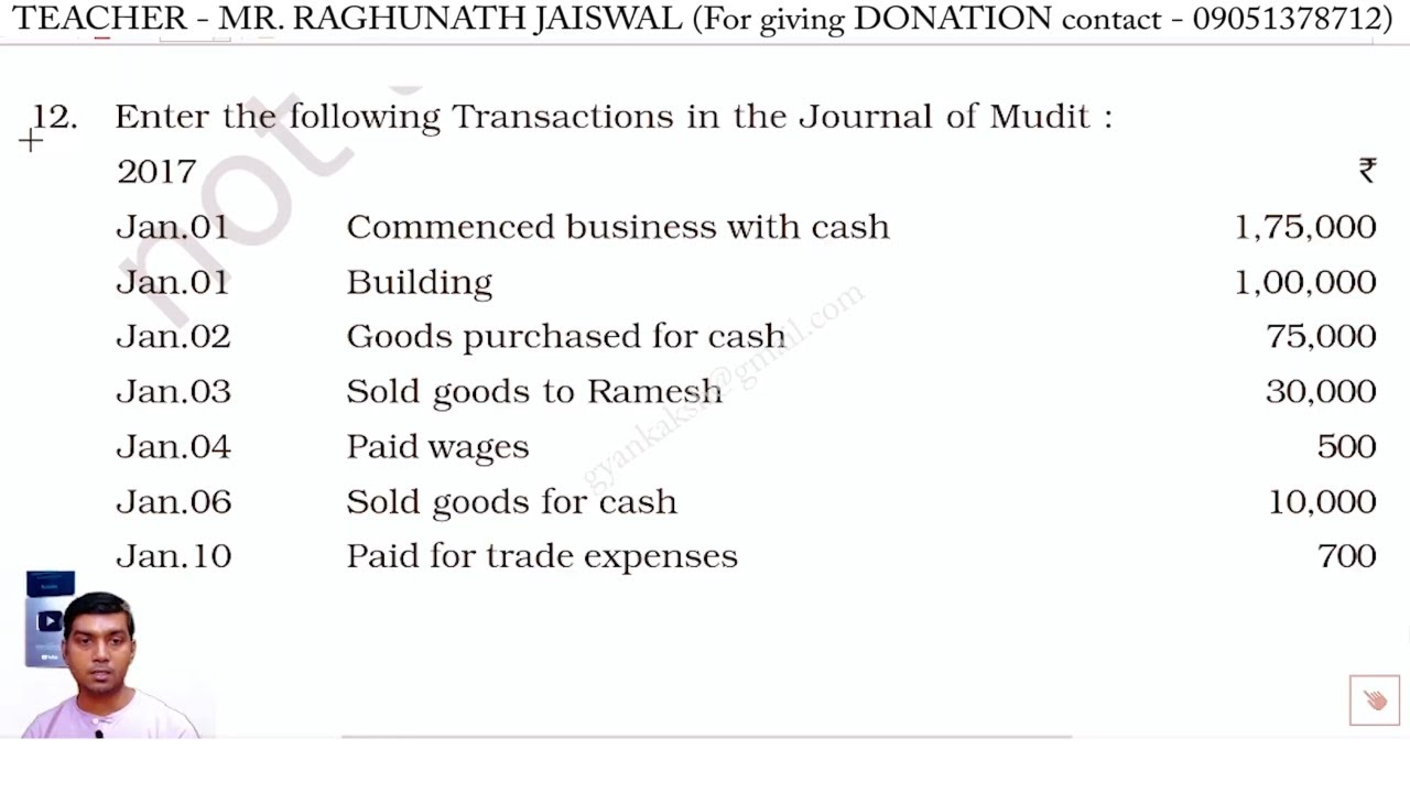 Enter the following Transactions in the Journal of Mudit | Journal entry sums 12 | Journal entries