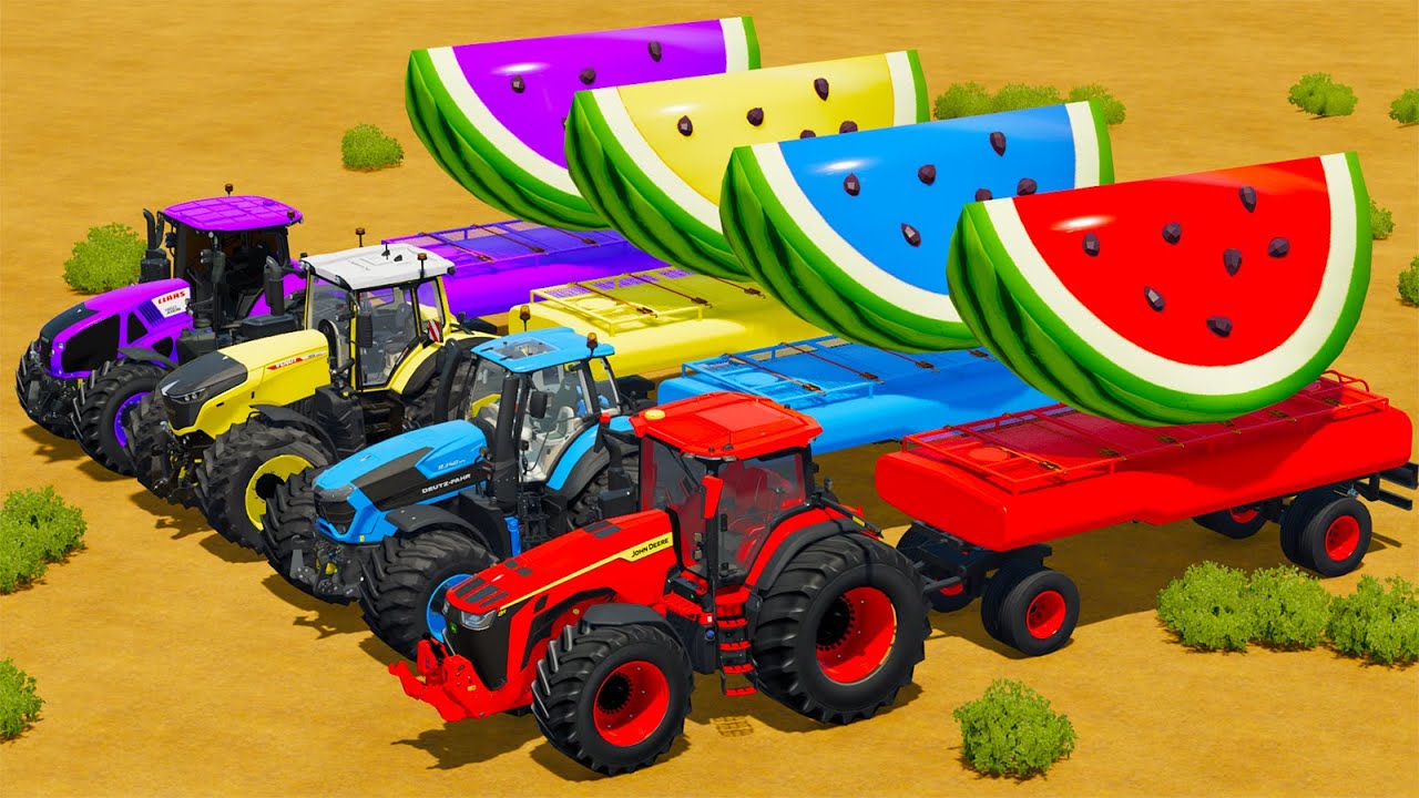 CLAAS vs JOHN DERRE vs FENDT vs DEUTZ FAHR TRACTORS BATTLE WITH WATERMELONES & FUEL TANKS - Farming