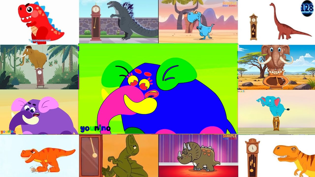 HICKORY DICKORY DOCK || 2 MAMMOTH VS. 2 ELEPHANT & 8 DINOSAUR IN 1 BIG SCREEN ||  COLOR INVERSION FX