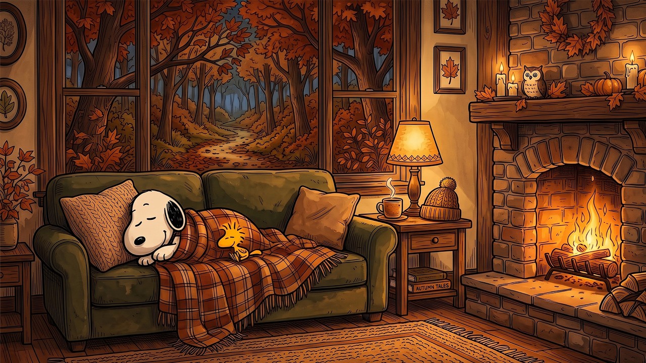 Snoopy's Autumn Serenade 🎶 Soft Jazz and Warm Fireplace for a Peaceful Night's Sleep