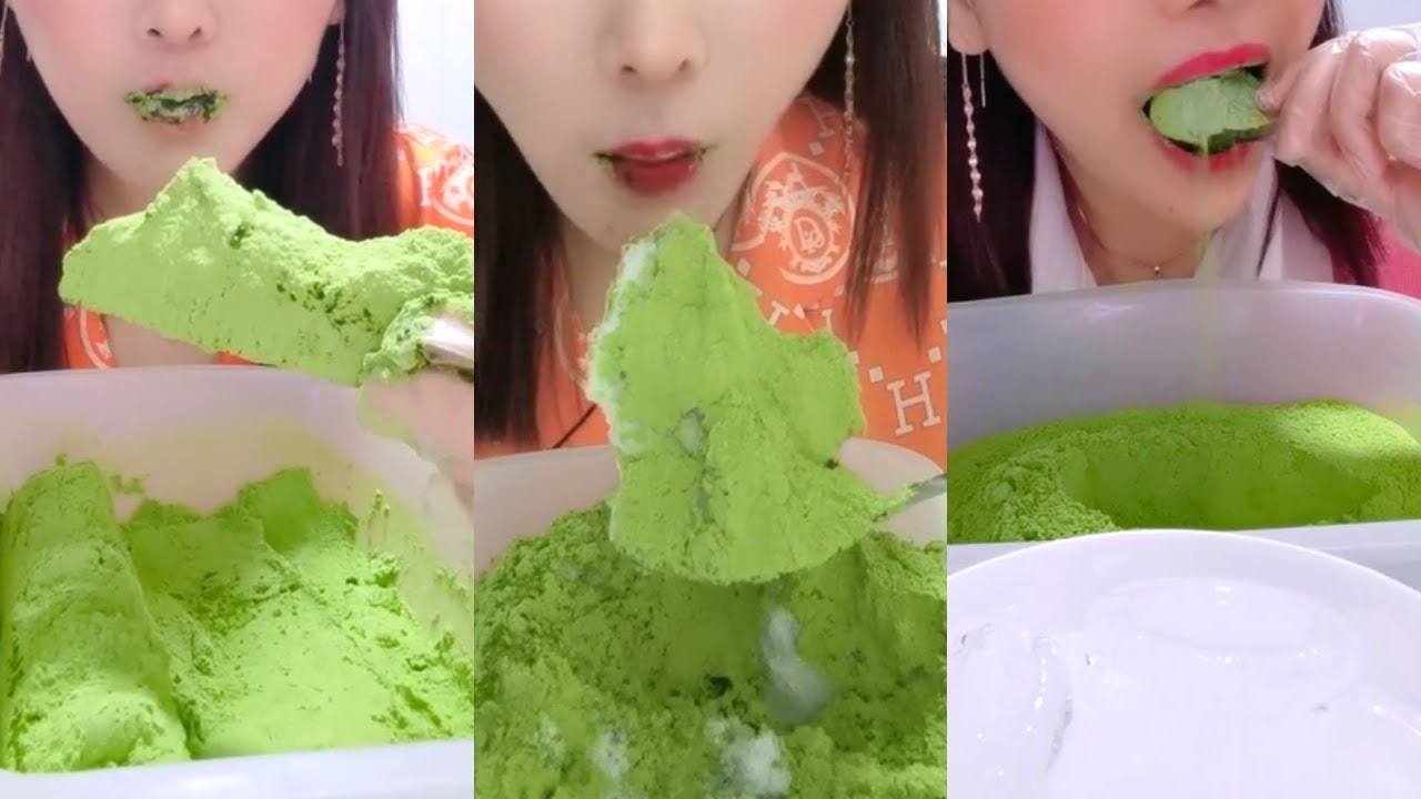 ASMR 얼음먹방 HEAVY MATCHA POWDERY THIN ICE BLOCK ICE EATING ASMR P907 💚🍵 GREEN ICE MUKBANG 녹차 | 抹茶