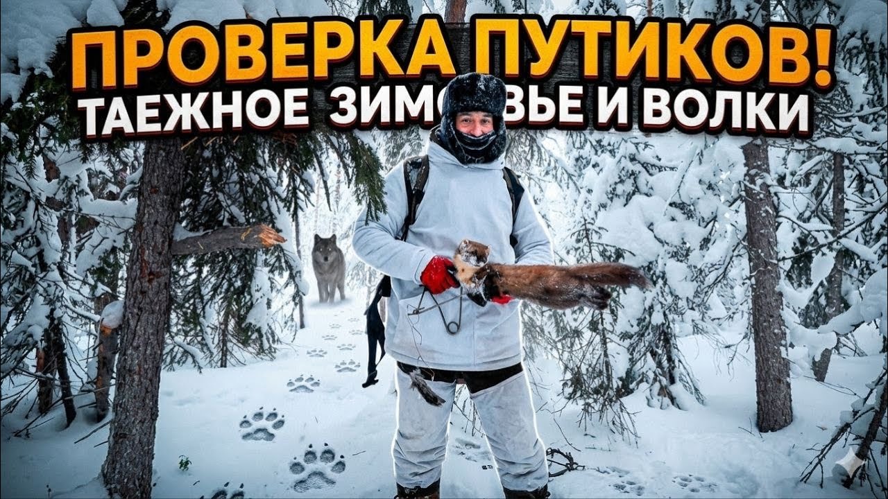 Морозец жмёт. Поездка в таежное зимовье для проверки путиков. Кругом волчьи следы.
