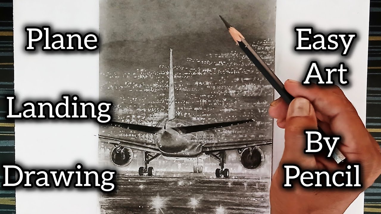 Airplane landing in night landscape drawing by pencil easy ways.