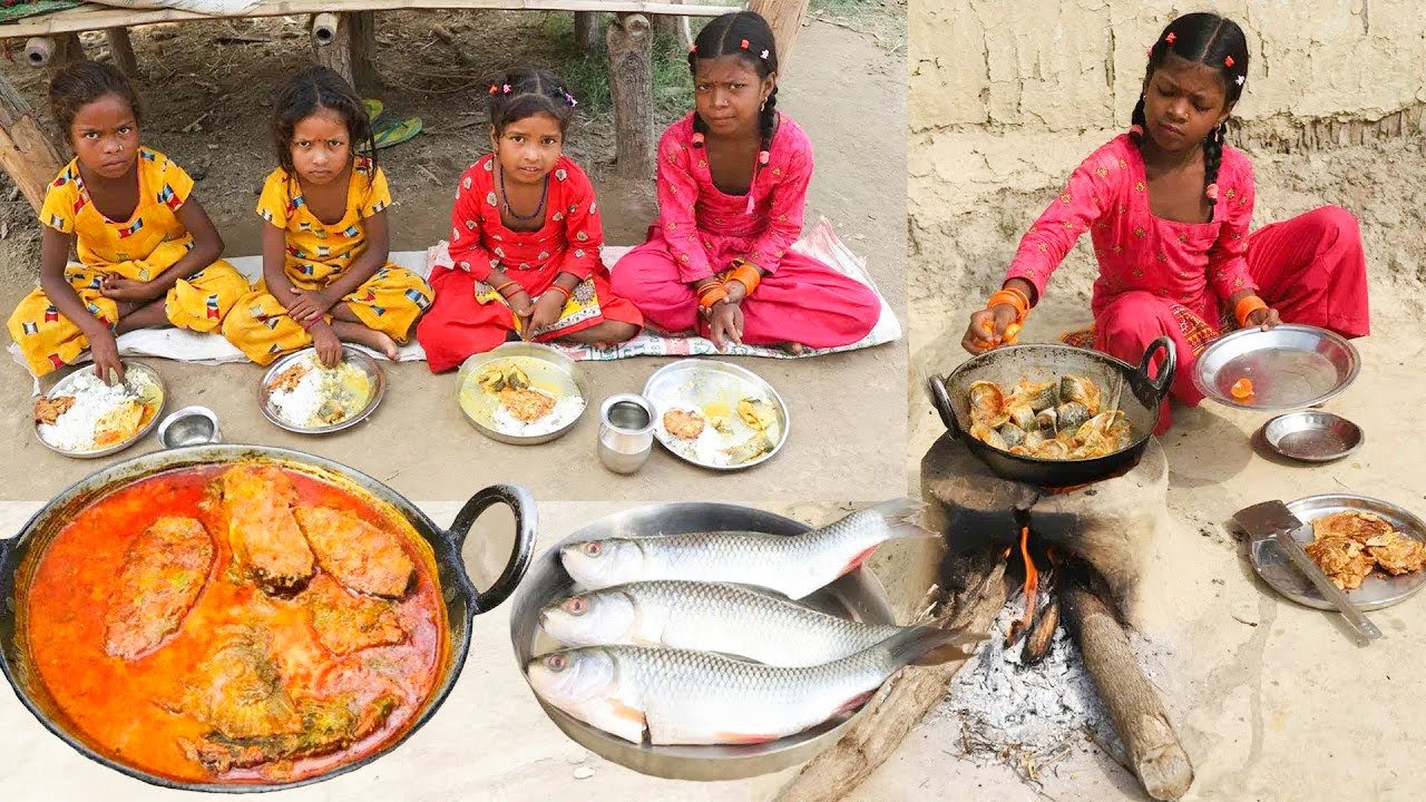 Santali Childs Cooking And Eating RUHU fish - DIFFERENT style Fish cooking recipe - Santali Village