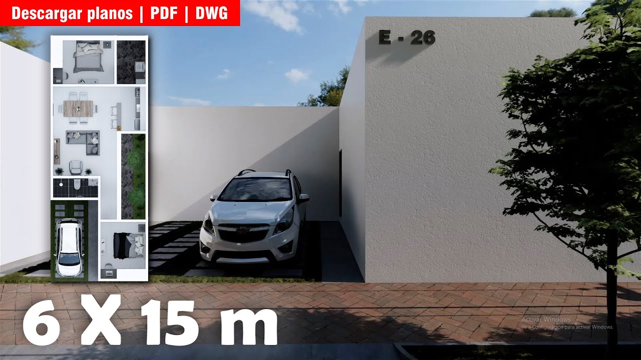 CASA PEQUEÑA MINIMALISTA ECONÓMICA DE 6X15 METROS  | JARDIN INTERIOR