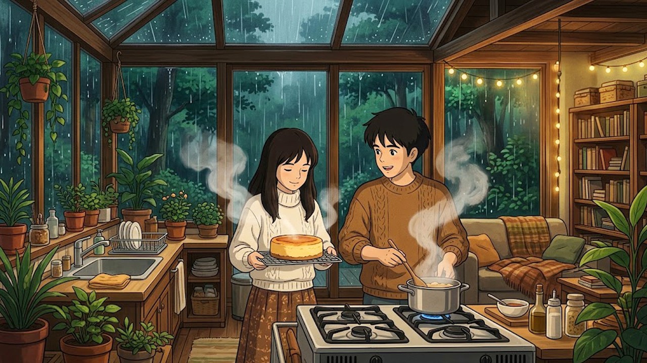 Уютная кухня в дождливой оранжерее 🌧️ Свежий чизкейк и совместная готовка | ASMR в стиле Ghibli