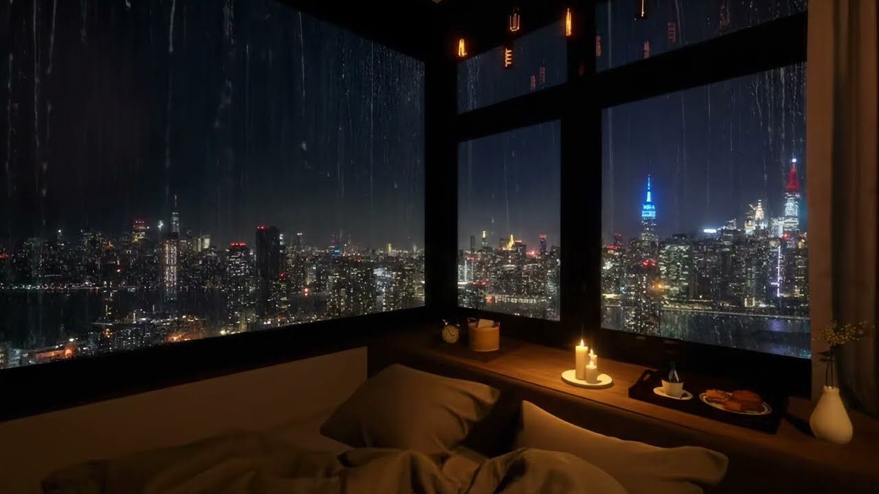 Relaxing Rainy Night Jazz 🌧️ Cozy Apartment with City Skyline