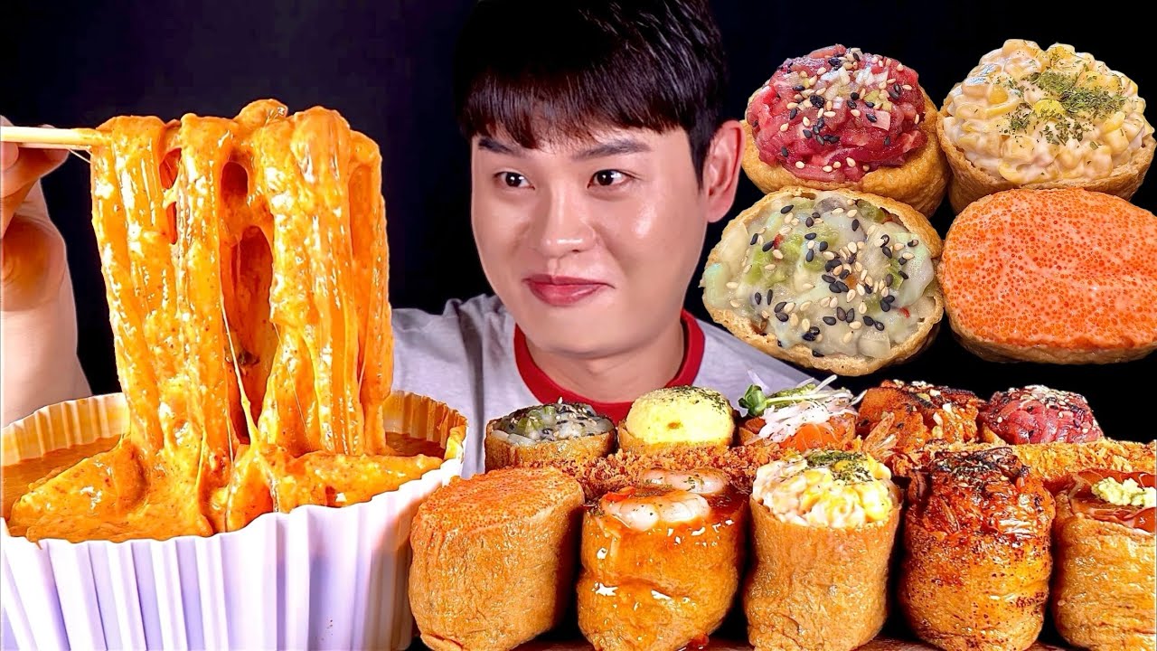 ASMR 엽기로제 분모자떡복이와 날치알 타코와사비 연어장 볶은김치 육회 유부초밥 먹방~! Cheese Tteokbokki With Seafood Egg Sushi MuKBang~!
