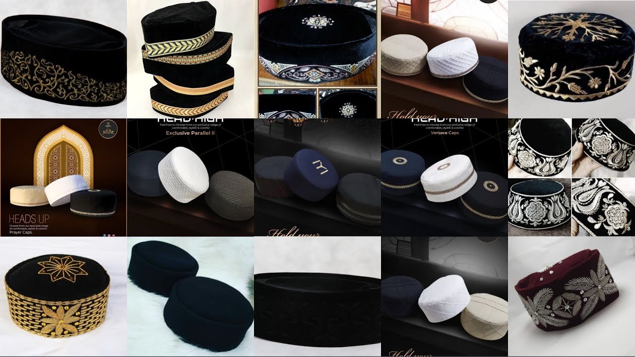 Head High Men Caps Turban Black Decorative Border Random Islamic Hat Pleuche Muslim Male Traditional