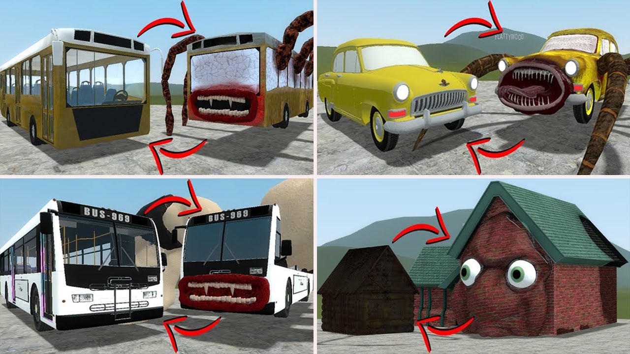 EVERYTHING TURNED INTO MONSTERS:BUS EATER BUILDER, THE BLOOP  VS ALL TREVOR HENDERSON BATTLE In GMOD