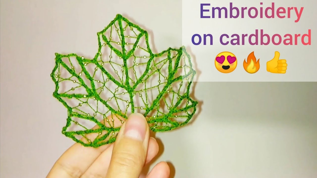 DIY hand embroidery, thread lace leaf. Unusual handicraft, tutorial, embroidery on cardboard