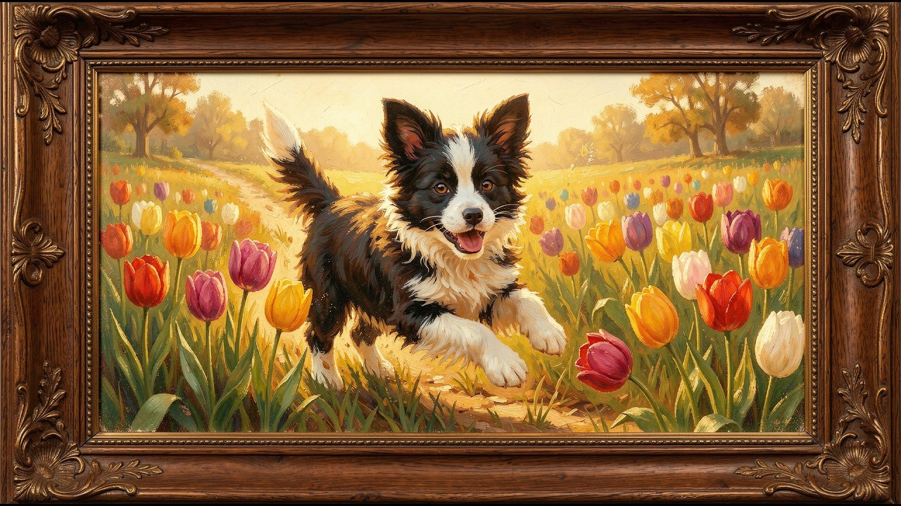 Happy Border Collie Puppy Tulips Relaxing Oil Painting – frame tv art 4k with music | tv screensaver