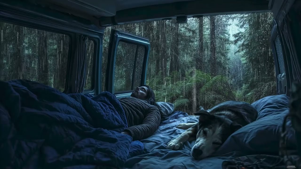 Relaxing Rain Sounds for Sleeping 💤 Cozy Van Life with a Dog, Forest Rain, No Music