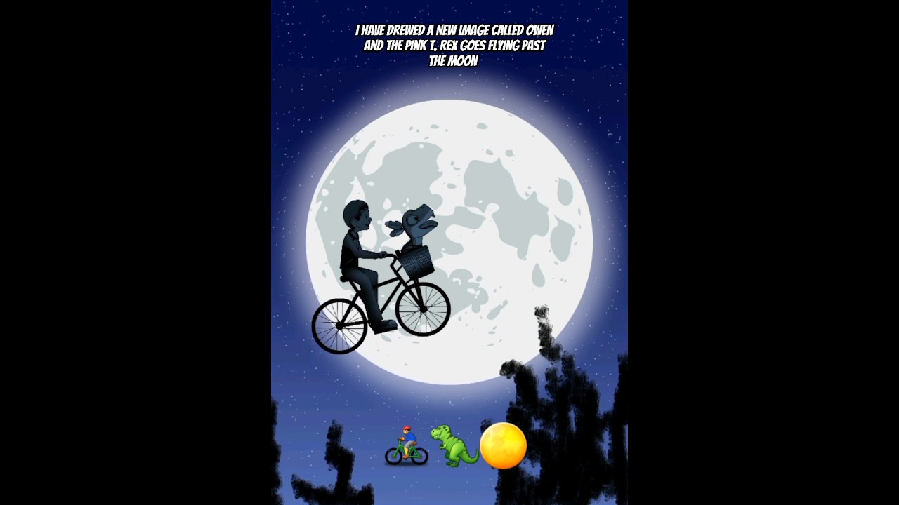 Owen's new image called owen and the pink t. rex goes flying past the moon 