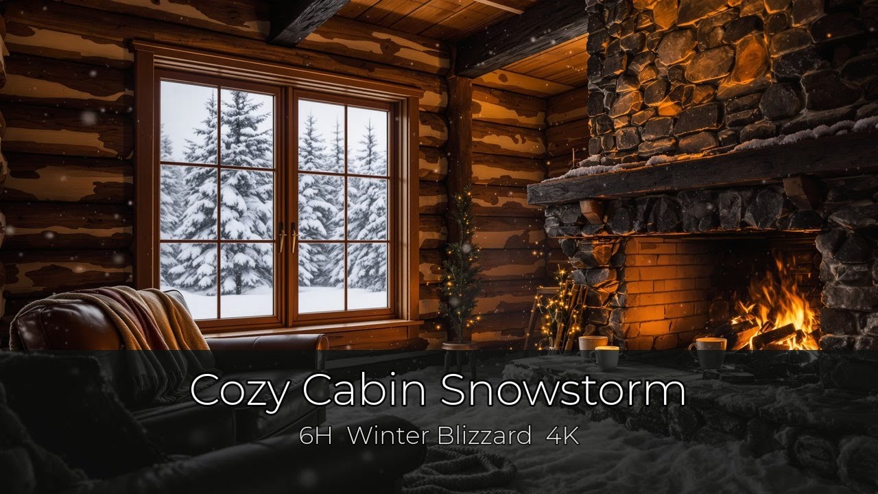 Cozy Cabin in Snowstorm 6H — Blizzard & Fire Sounds | 4K
