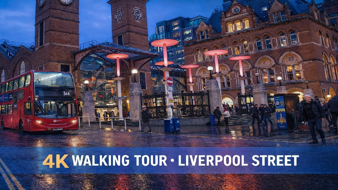 4K Walking Tour | Liverpool Street Station & City of London 🇬🇧 Rainy Evening