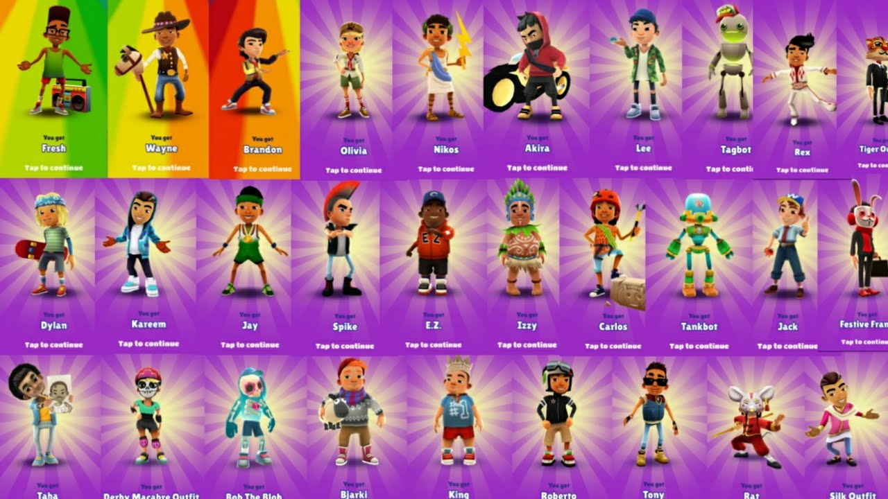 ALL MALE CHARACTERS IN SUBWAY SURFERS
