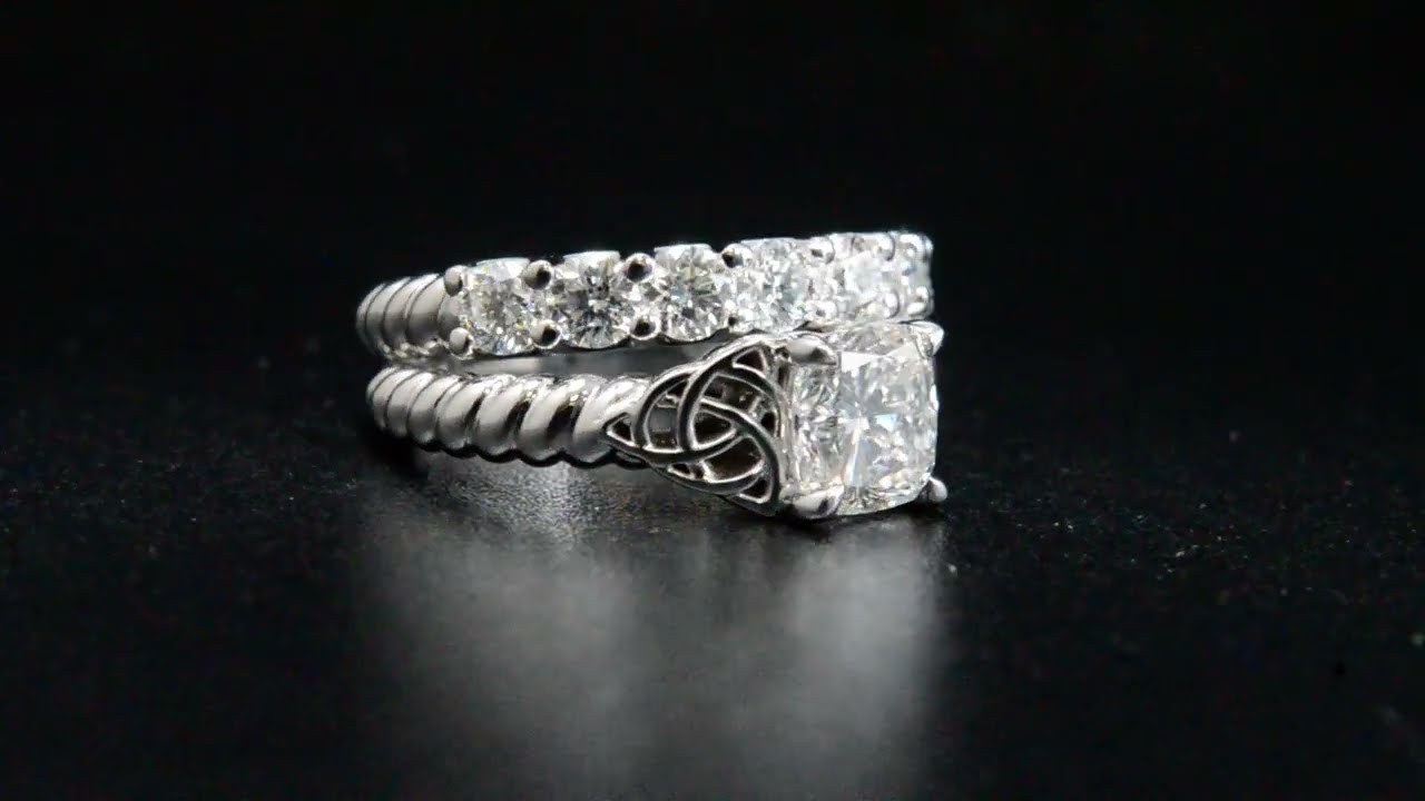 Natural Cushion Cut Celtic Knot Rope Design Engagement Bridal Set