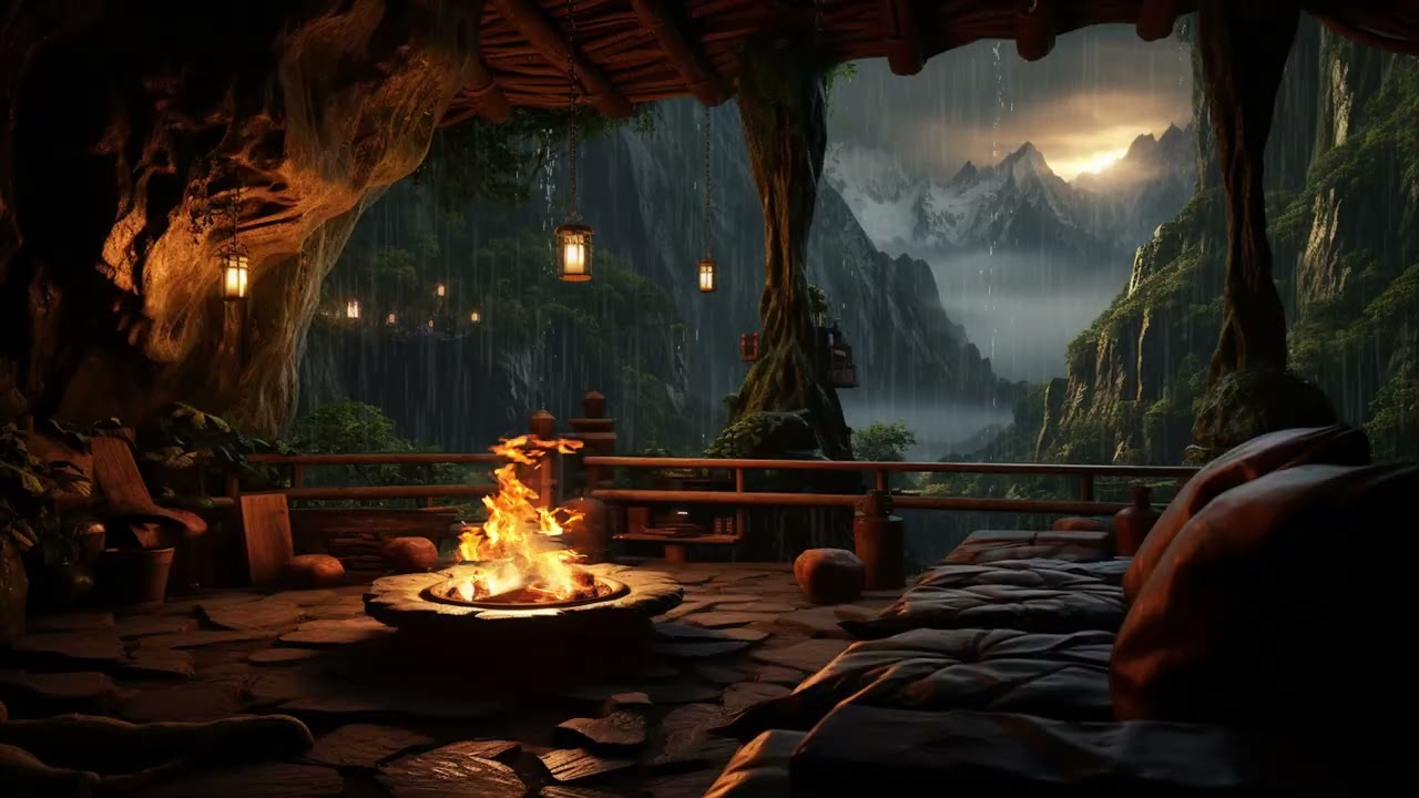 🌧️🔥 Cave Rain ASMR | Cozy Rain & Warm Fireplace in Forest Cave | 3 Hours Sleep Relax Focus Study