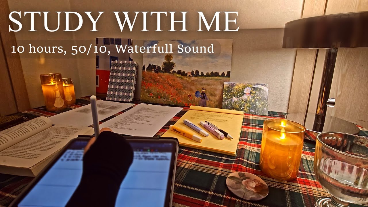 10часа учимся вместе 📝 Pomodoro 50/10  No music White Noise Waterfall Sound⛲ Экзамен/Задание/Запуск