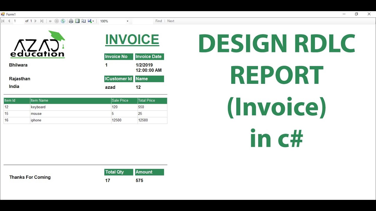 #azadeducation #rdlc Create a report in invoice format with sql database in c#