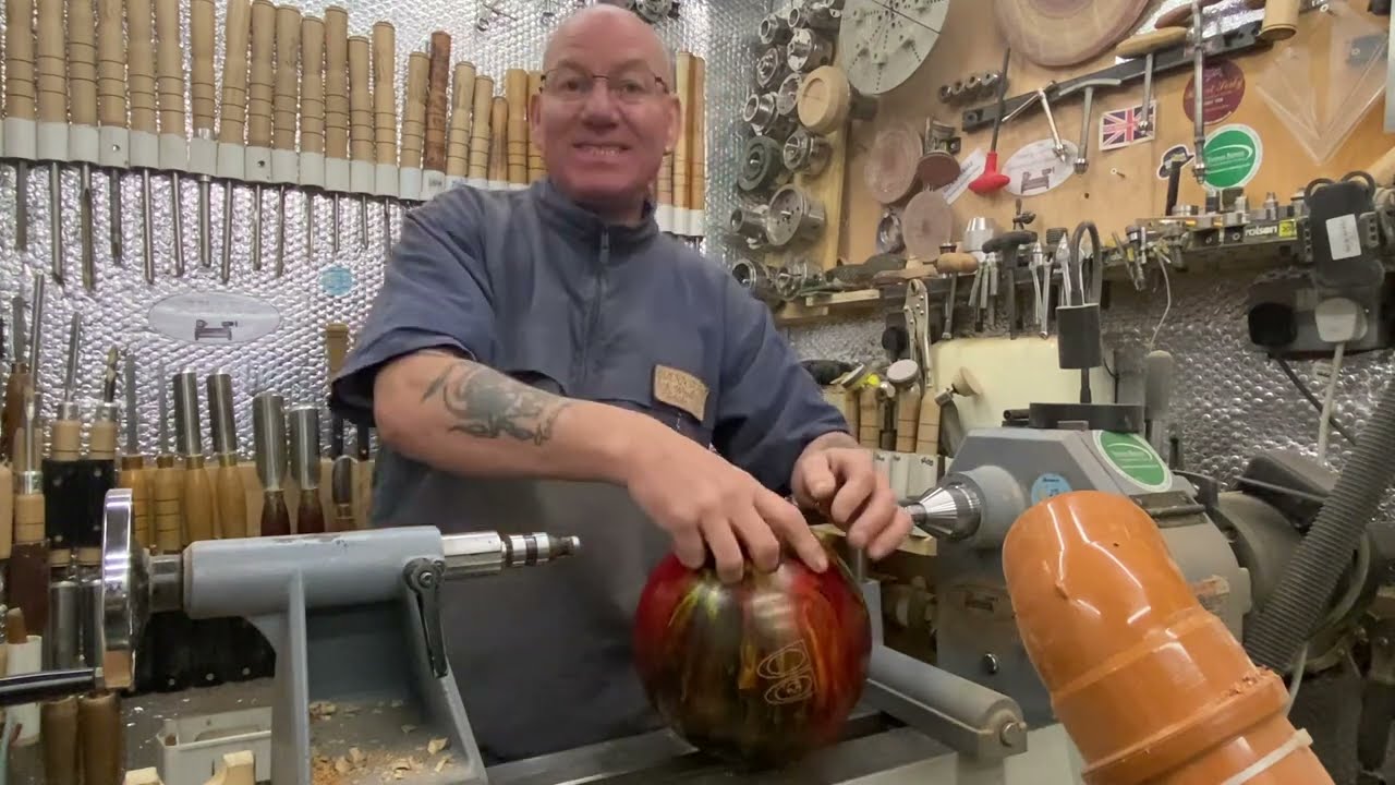 Woodturning. OMG. Don't try this at home. Turning a bowling ball. #woodturning #carbide chisels
